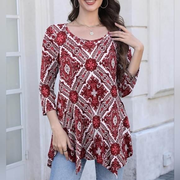 Women's 3/4 Sleeve Casual Flowy Loose Fit Swing Top Tunic, Wine Red Pattern - Picture 1 of 10